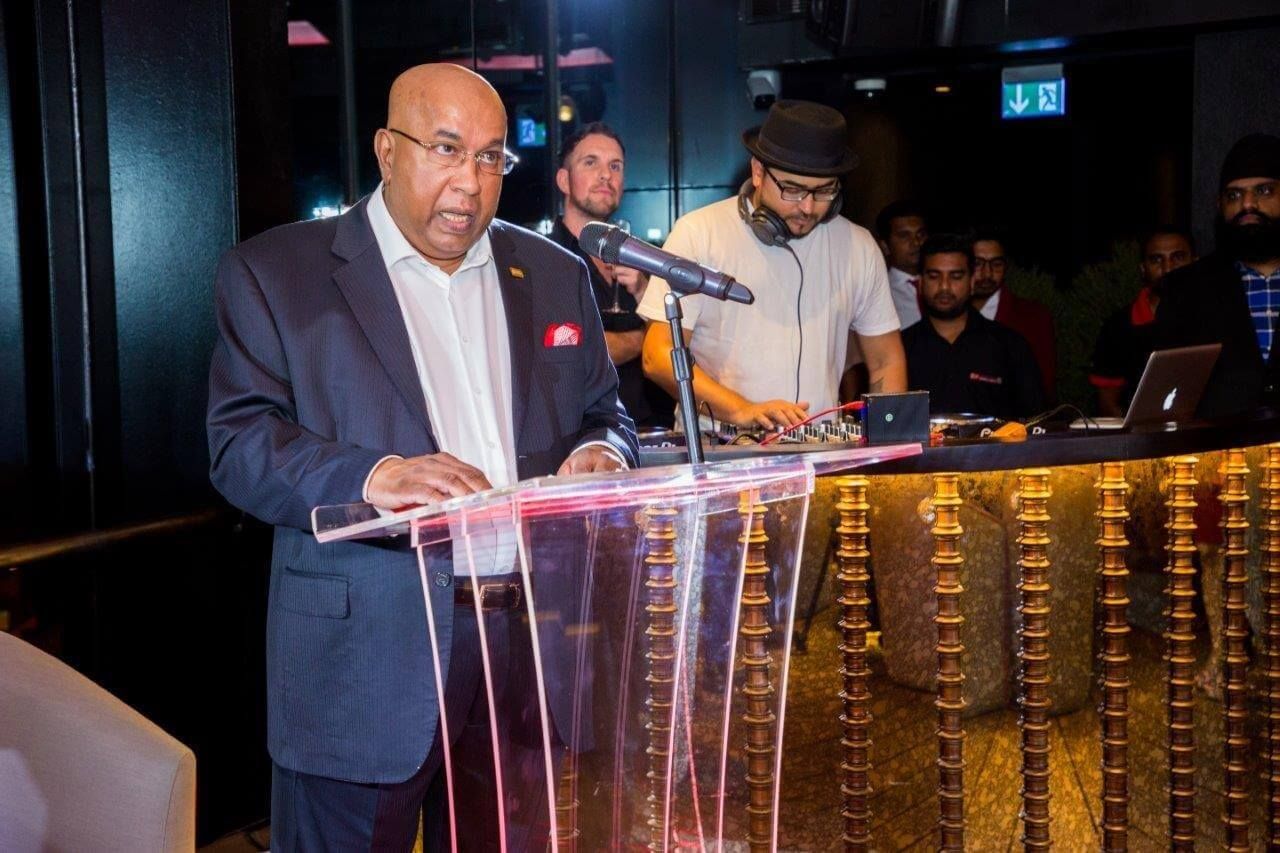 Mohan Pandithage delivering a speech at The Kingsbury Hotel