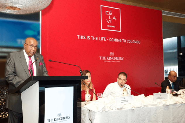 Mohan Pandithage delivering a speech at The Kingsbury Hotel
