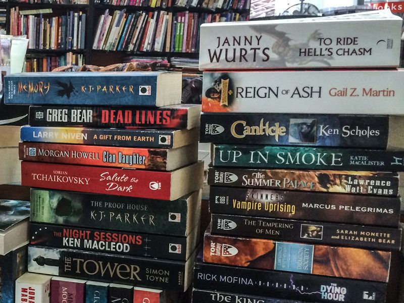 Fantasy books stacked together at the Kingsbury book store 