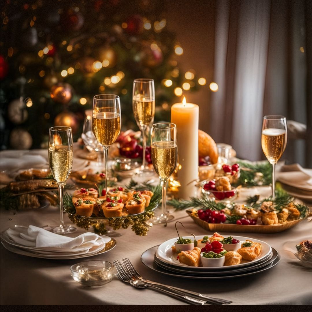 A festive dinner table set with champagne glasses, candles, and plates of food